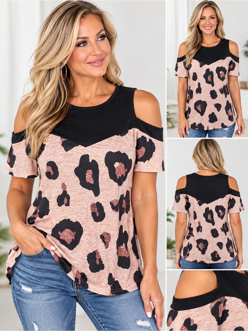 SHEIN Leopard Print Cold Shoulder Top Black Blush Size Small